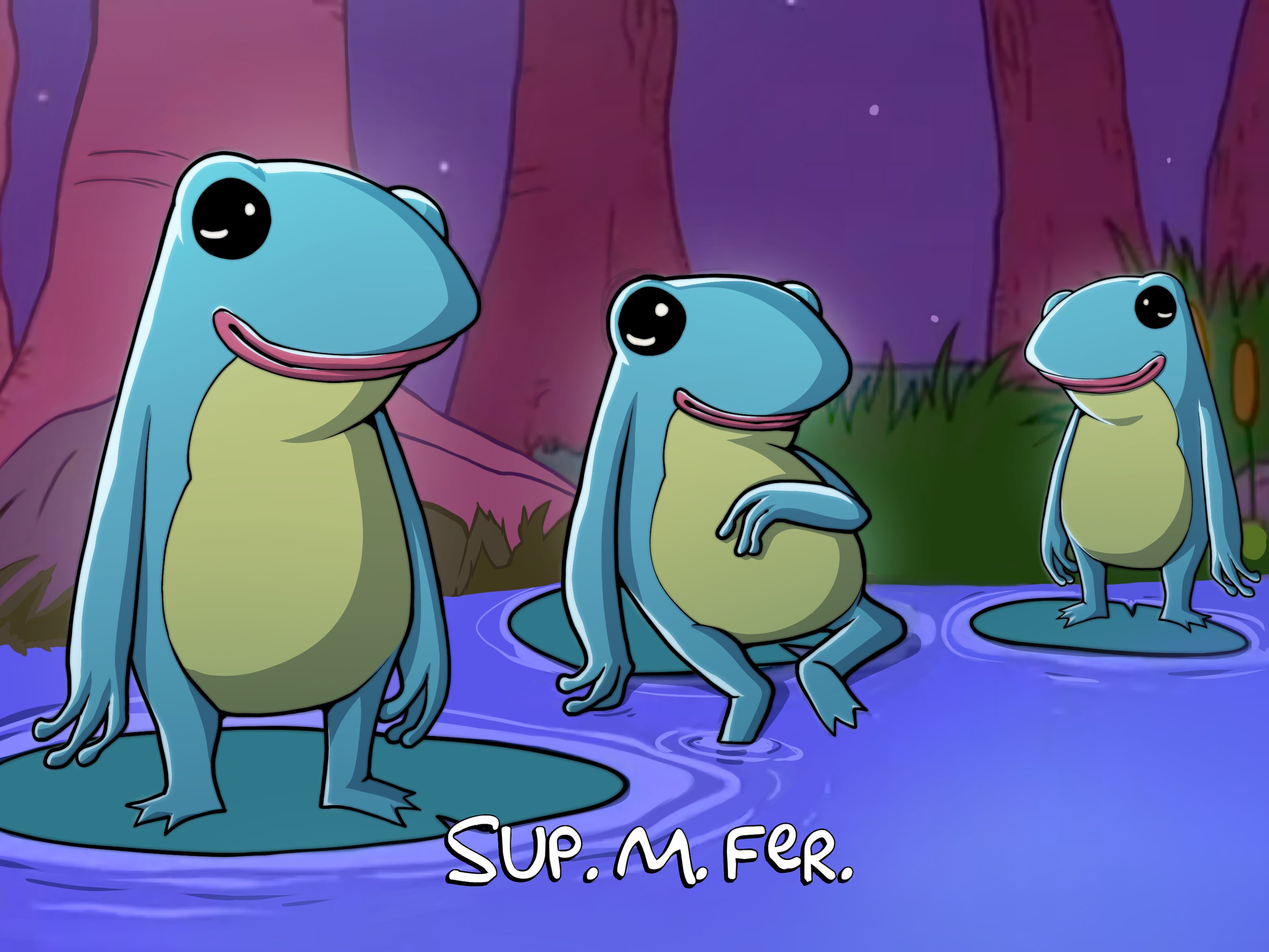 Three frogs in water